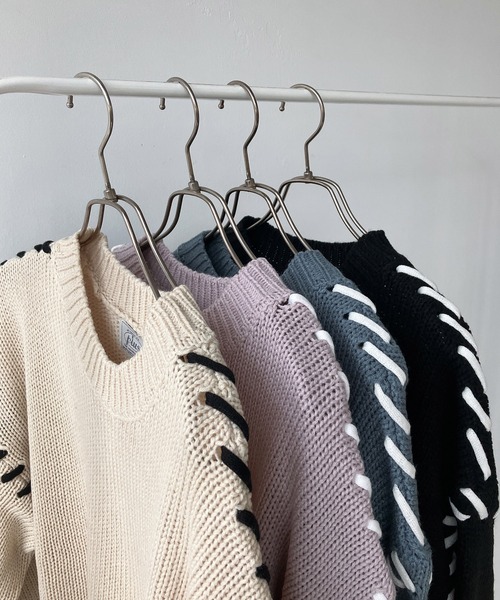 AS KNOW AS plus(アズノゥアズプラス)の「◇配色ハンドステッチニットプルオーバー(ニット/セーター・レディース・アイボリー系/ピンク系/ブラック系/ブルー系・FREE)」の6枚目の写真