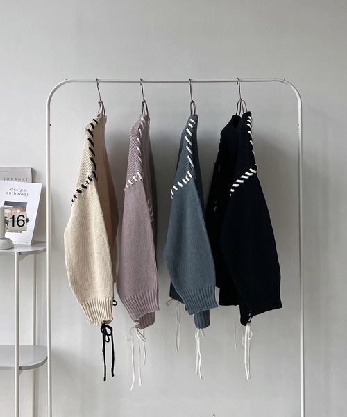 AS KNOW AS plus(アズノゥアズプラス)の「◇配色ハンドステッチニットプルオーバー(ニット/セーター・レディース・アイボリー系/ピンク系/ブラック系/ブルー系・FREE)」の9枚目の写真