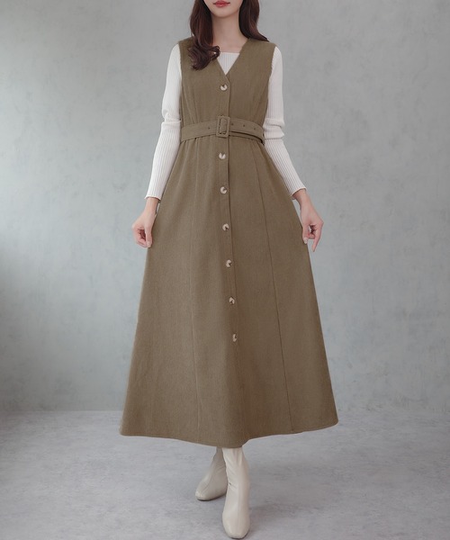 JUNOAH（ジュノア）の「ベルト付き裏起毛リブジャンパースカート（ジャンパースカート・レディース・チャコール/グレイッシュベージュ/ブラック・LARGE/MEDIUM/X-LARGE）」の14枚目の写真