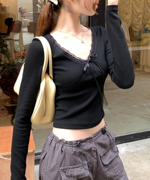 セール】lace ribbon Vneck tops（Tシャツ/カットソー）｜Vipoa