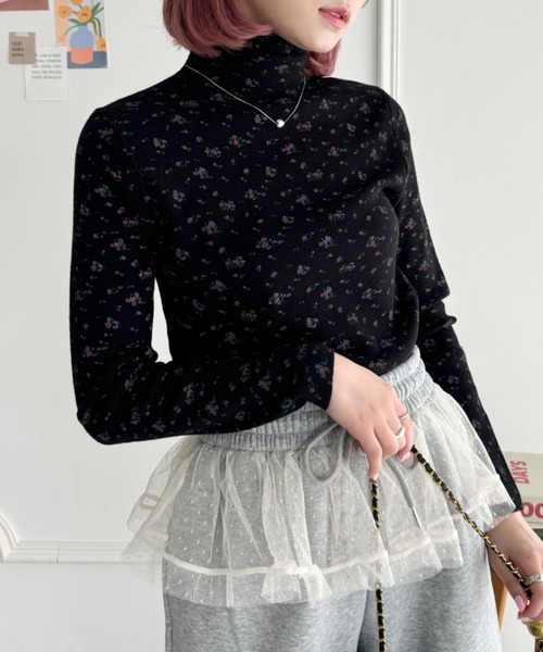 希少✨ レオナール トップス ハイネック 花柄 ブルー ボタン 40 L相当 希少✨ レオナール トップス ハイネック 花柄 ブルー ボタン 40