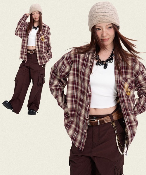 オーバーサイズユーズド加工ワンポイント刺繍ロゴチェック柄シャツ（シャツ/ブラウス）｜Ressaca（レサーカ）