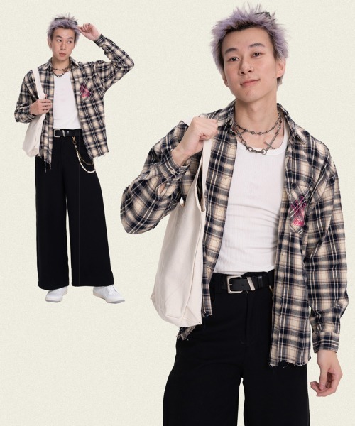 オーバーサイズユーズド加工ワンポイント刺繍ロゴチェック柄シャツ（シャツ/ブラウス）｜Ressaca（レサーカ）