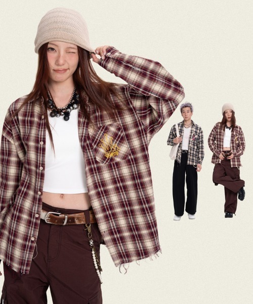 オーバーサイズユーズド加工ワンポイント刺繍ロゴチェック柄シャツ（シャツ/ブラウス）｜Ressaca（レサーカ）