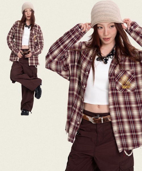 オーバーサイズユーズド加工ワンポイント刺繍ロゴチェック柄シャツ（シャツ/ブラウス）｜Ressaca（レサーカ）