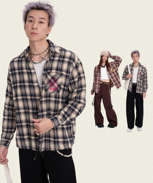 オーバーサイズユーズド加工ワンポイント刺繍ロゴチェック柄シャツ（シャツ/ブラウス）｜Ressaca（レサーカ）