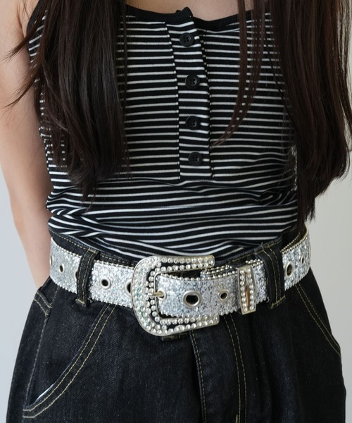 Port(ポート)の「【 antique andico / アンティーク アンディコ 】 ビジュー付き バックル ラメ ベルト_(ベルト・レディース・シルバー/ブラック・FREE)」の21枚目の写真