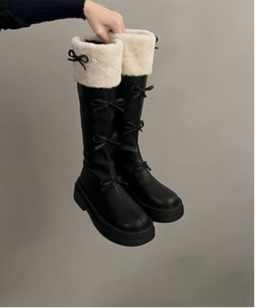 セール】Y2K リボン エコファー配色ロングブーツ（ブーツ）｜gossip