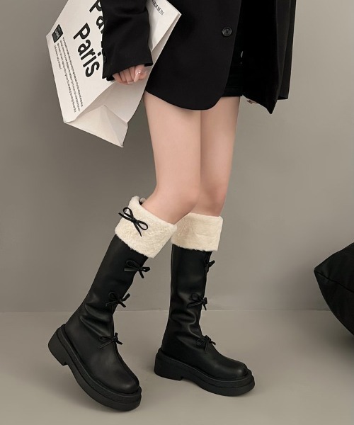 gossip!ロサンゼルス(ゴシップロサンゼルス)の「Y2K リボン エコファー配色ロングブーツ(ブーツ・レディース・ブラック/ブラウン・M/L/XL/S)」の6枚目の写真