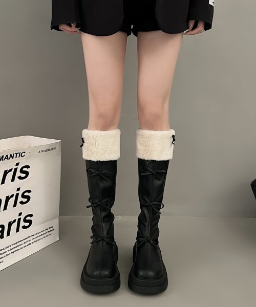 00s 戦慄かなの様着用YELLO フェイクファーロングブーツ y2k セール】Y2K リボン エコファー配色ロングブーツ（ブーツ）｜gossip