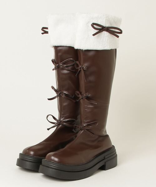 セール】Y2K リボン エコファー配色ロングブーツ（ブーツ）｜gossip