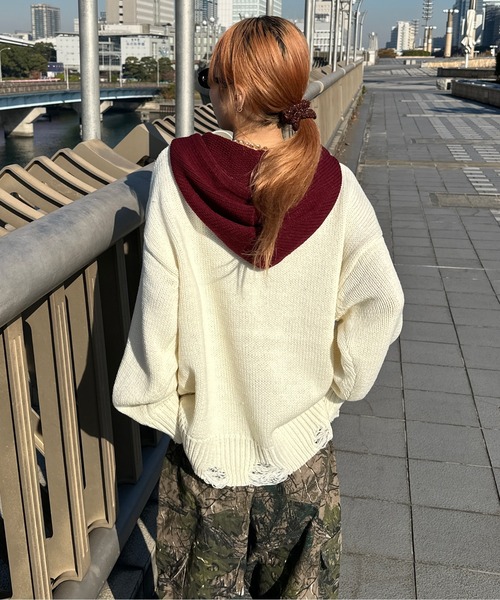 sedacle(セダクル)の「配色ダメージニットパーカー(ニット/セーター・メンズ・ベージュ/ネイビー/アイボリー・SMALL/LARGE/MEDIUM)」の6枚目の写真