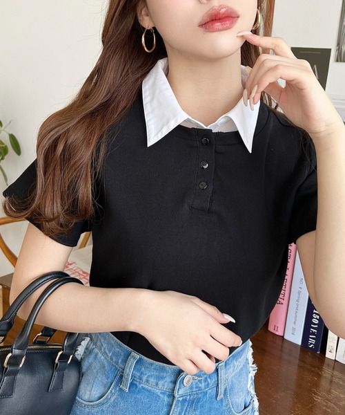 バイカラーデザイン半袖ポロカットソー