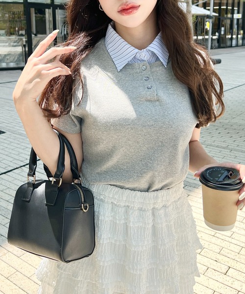 セール】バイカラーデザイン半袖ポロカットソー（Tシャツ/カットソー