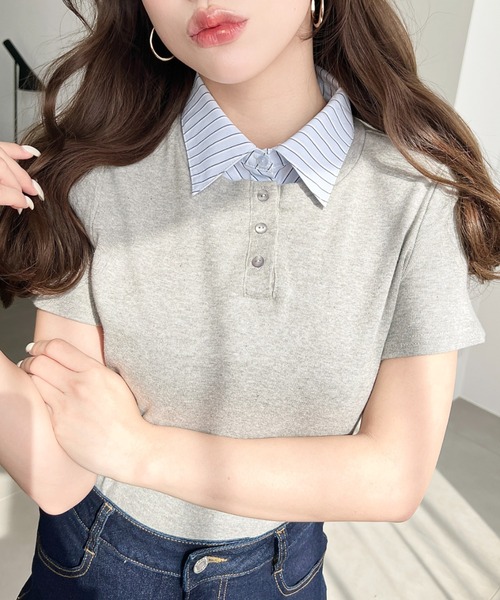 moment+(モーメントプラス)の「バイカラーデザイン半袖レイヤードポロカットソー(Tシャツ/カットソー・レディース・ブラック/ナチュラル/チャコールグレー/オフホワイト/ネイビー/ピンク/杢グレー・M/L)」の11枚目の写真