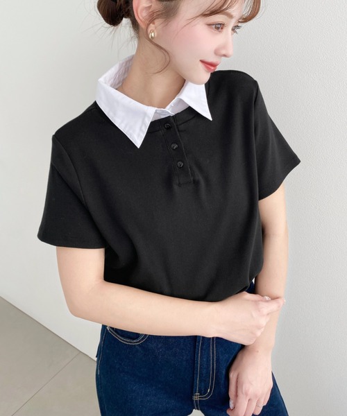 moment+(モーメントプラス)の「バイカラーデザイン半袖レイヤードポロカットソー(Tシャツ/カットソー・レディース・ブラック/ナチュラル/チャコールグレー/オフホワイト/ネイビー/ピンク/杢グレー・M/L)」の22枚目の写真
