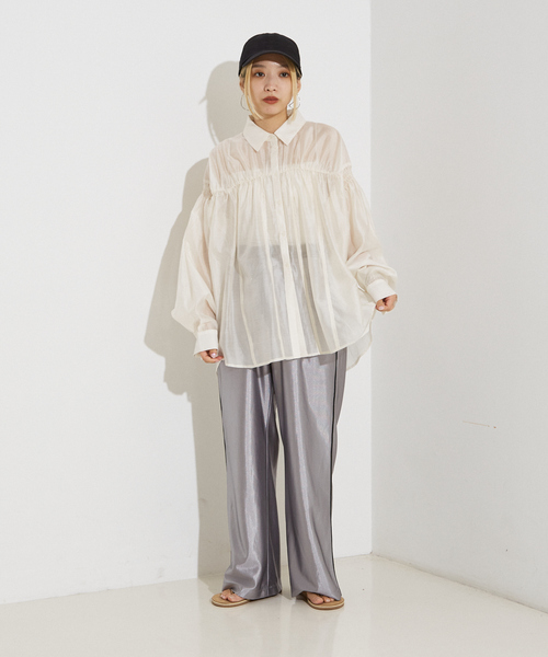 NOMINE（ノミネ）の「シアー シャーリング シャツ（シャツ/ブラウス・レディース・ライム/グリーン/オフホワイト/チャコールグレー・フリー）」の6枚目の写真