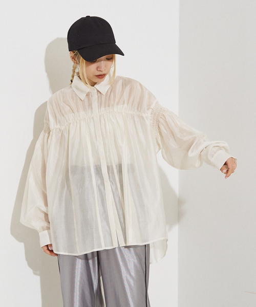 NOMINE（ノミネ）の「シアー シャーリング シャツ（シャツ/ブラウス・レディース・ライム/グリーン/オフホワイト/チャコールグレー・フリー）」の8枚目の写真