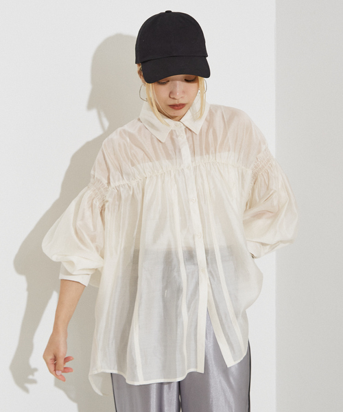 NOMINE（ノミネ）の「シアー シャーリング シャツ（シャツ/ブラウス・レディース・ライム/グリーン/オフホワイト/チャコールグレー・フリー）」の9枚目の写真