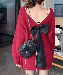 バックリボンVネックチュニックニット