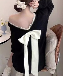 Riff（リフ）の「バックリボンVネックチュニックニット（ニット/セーター）」