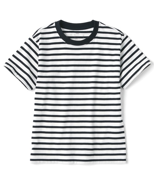 無印良品（ムジルシリョウヒン）の「キッズ　天竺編みクルーネック半袖Ｔシャツ　ボーダー（Tシャツ/カットソー・キッズ・ライトグレー系/ブラック系/カーキ系/イエロー系/ブルー系/パープル系/オレンジ系/グリーン系・110/120/130/140/150）」の2枚目の写真