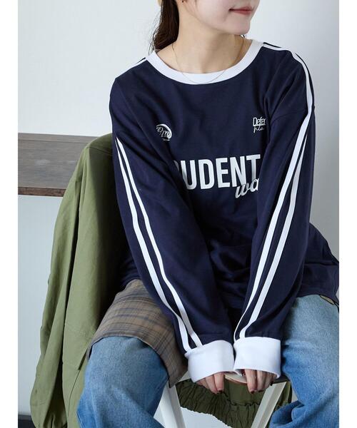 ehka sopo(エヘカソポ)の「袖ラインプリントロンT(Tシャツ/カットソー・レディース・ネイビー/オフホワイト/ピンク・F)」の2枚目の写真