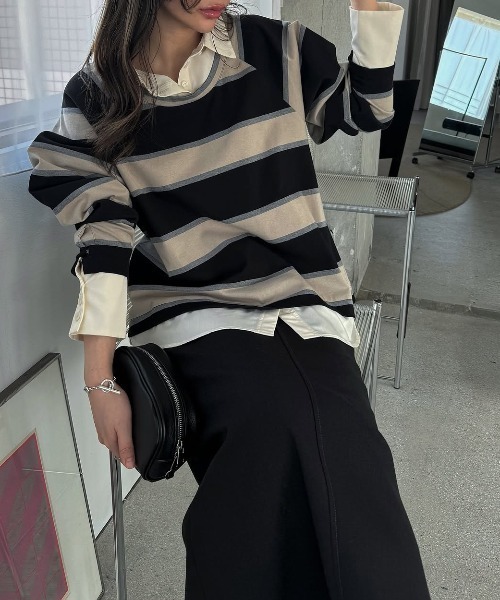 最終決算 shirt layered random border rugger tops（Tシャツ/カットソー トップス