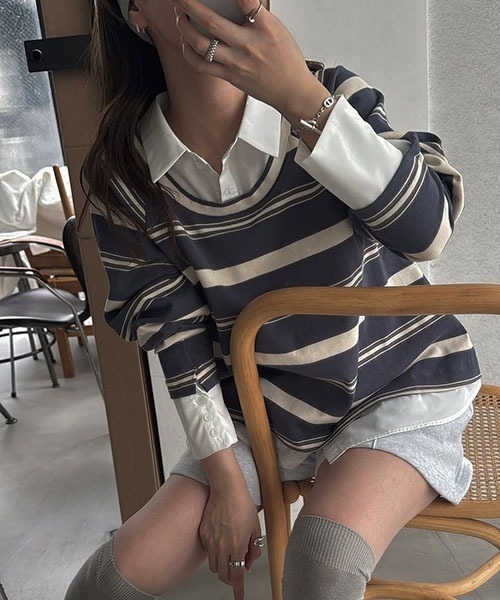 shirt layered random border rugger tops（Tシャツ/カットソー