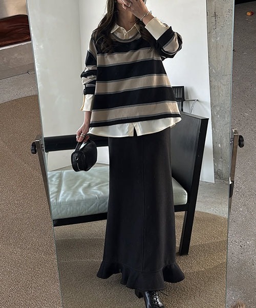 shirt layered random border rugger tops（Tシャツ/カットソー