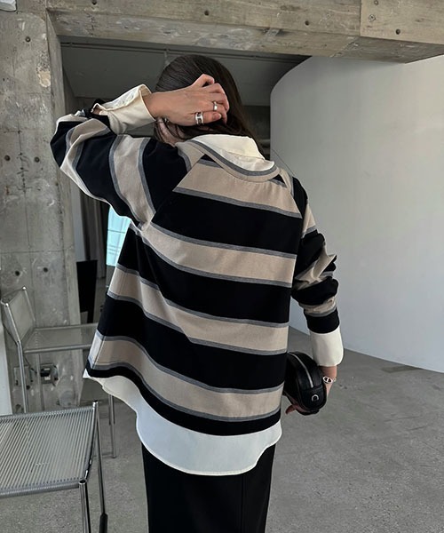 shirt layered random border rugger tops（Tシャツ/カットソー