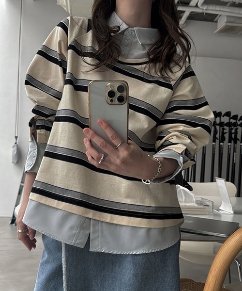 shirt layered random border rugger tops（Tシャツ/カットソー