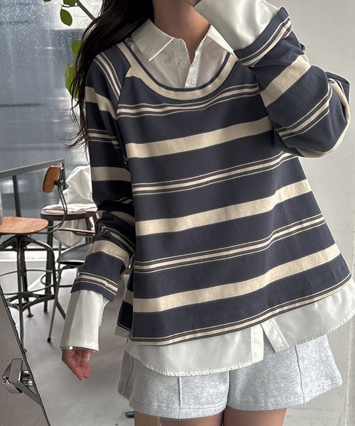 shirt layered random border rugger tops（Tシャツ/カットソー