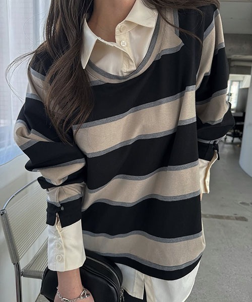 shirt layered random border rugger tops（Tシャツ/カットソー
