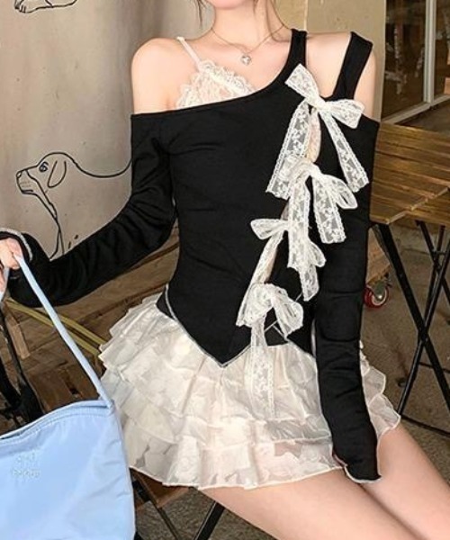 Achic(アシック)の「レースリボンアシメオープンショルダートップス(Tシャツ/カットソー・レディース・ブラック・M)」の8枚目の写真