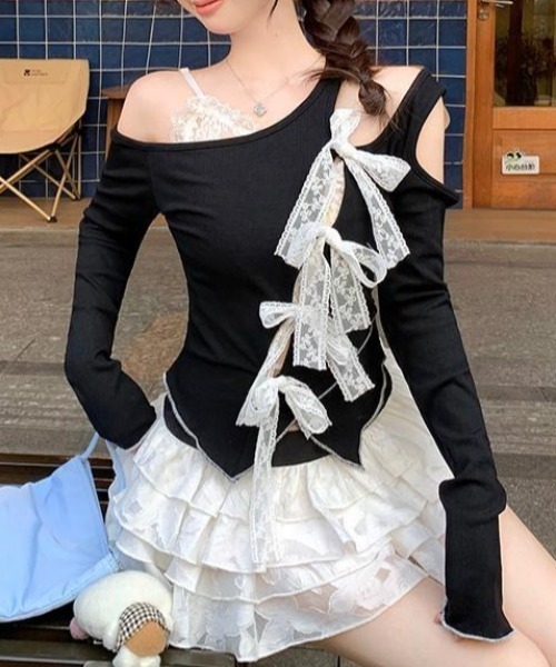 Achic(アシック)の「レースリボンアシメオープンショルダートップス(Tシャツ/カットソー・レディース・ブラック・M)」の18枚目の写真