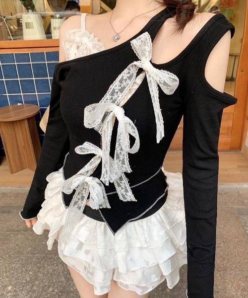 Achic(アシック)の「レースリボンアシメオープンショルダートップス(Tシャツ/カットソー・レディース・ブラック・M)」の19枚目の写真