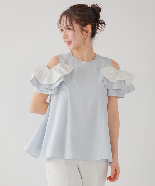 Fit more(フィットモア)の「オープンショルダーフリルトップス(Tシャツ/カットソー・レディース・ホワイト/ブルー系その他/ベビーピンク・FREE)」の2枚目の写真