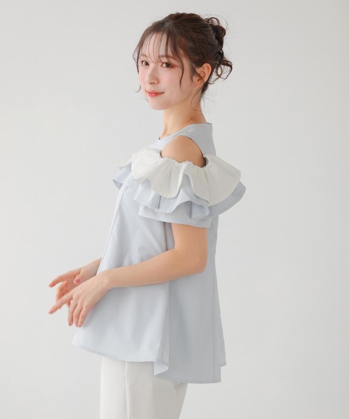 Fit more(フィットモア)の「オープンショルダーフリルトップス(Tシャツ/カットソー・レディース・ホワイト/ブルー系その他/ベビーピンク・FREE)」の6枚目の写真