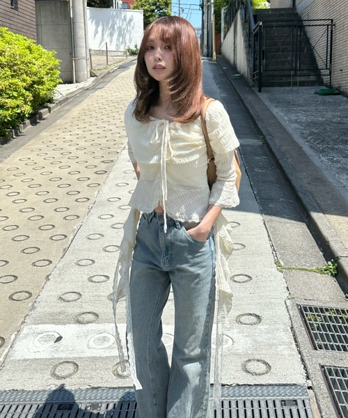 RAY CASSIN（レイカズン）の「【チェック/レース】5分袖チュールプリントオフショルブラウス（シャツ/ブラウス・レディース・ベージュ系その他2/ブラック系その他2/ブルー系その他2/ブラック/ベージュ・FREE）」の3枚目の写真