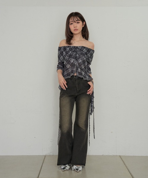 RAY CASSIN（レイカズン）の「【チェック/レース】5分袖チュールプリントオフショルブラウス（シャツ/ブラウス・レディース・ベージュ系その他2/ブラック系その他2/ブルー系その他2/ブラック/ベージュ・FREE）」の8枚目の写真