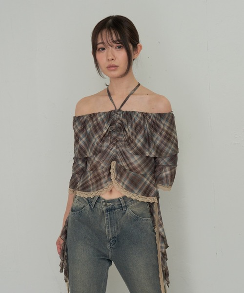 RAY CASSIN（レイカズン）の「【チェック/レース】5分袖チュールプリントオフショルブラウス（シャツ/ブラウス・レディース・ベージュ系その他2/ブラック系その他2/ブルー系その他2/ブラック/ベージュ・FREE）」の13枚目の写真