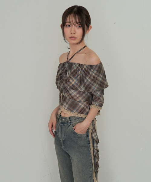 RAY CASSIN（レイカズン）の「【チェック/レース】5分袖チュールプリントオフショルブラウス（シャツ/ブラウス・レディース・ベージュ系その他2/ブラック系その他2/ブルー系その他2/ブラック/ベージュ・FREE）」の17枚目の写真