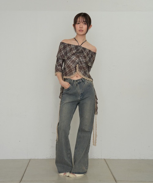 RAY CASSIN（レイカズン）の「【チェック/レース】5分袖チュールプリントオフショルブラウス（シャツ/ブラウス・レディース・ベージュ系その他2/ブラック系その他2/ブルー系その他2/ブラック/ベージュ・FREE）」の14枚目の写真