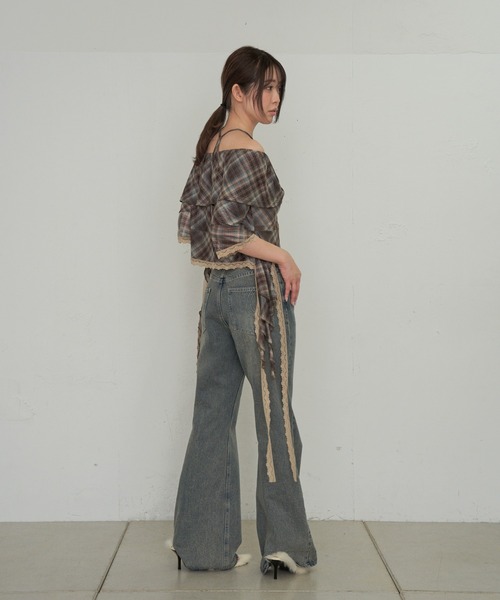 RAY CASSIN（レイカズン）の「【チェック/レース】5分袖チュールプリントオフショルブラウス（シャツ/ブラウス・レディース・ベージュ系その他2/ブラック系その他2/ブルー系その他2/ブラック/ベージュ・FREE）」の15枚目の写真