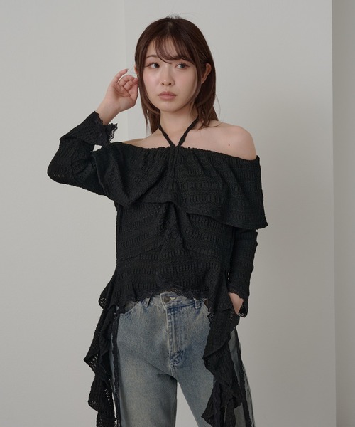 RAY CASSIN（レイカズン）の「【チェック/レース】5分袖チュールプリントオフショルブラウス（シャツ/ブラウス・レディース・ベージュ系その他2/ブラック系その他2/ブルー系その他2/ブラック/ベージュ・FREE）」の18枚目の写真