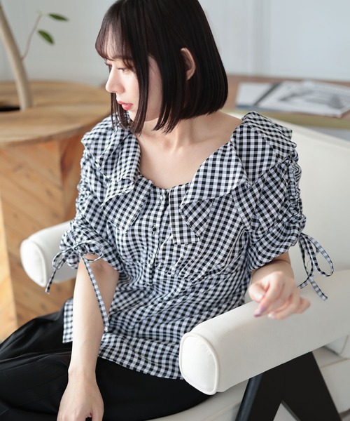 Ruwan yu（ルワンユー）の「ギンガムチェックドロストブラウス【大きいサイズ対応】（シャツ/ブラウス・レディース・ブラック・L/LL/3L/4L）」の2枚目の写真