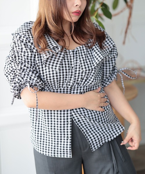 Ruwan yu（ルワンユー）の「ギンガムチェックドロストブラウス【大きいサイズ対応】（シャツ/ブラウス・レディース・ブラック・L/LL/3L/4L）」の12枚目の写真