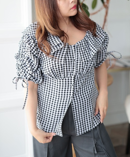 Ruwan yu（ルワンユー）の「ギンガムチェックドロストブラウス【大きいサイズ対応】（シャツ/ブラウス・レディース・ブラック・L/LL/3L/4L）」の14枚目の写真