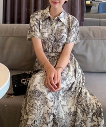 トワルドジュイ風ベルト付きシャツワンピース